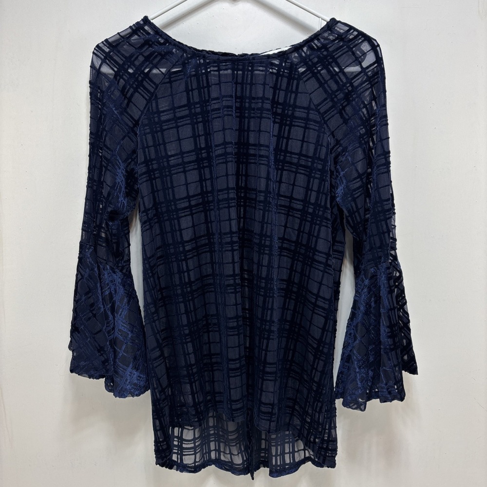LC Lauren Conrad Womens Sheer Velvet Flocked‎ Navy Blouse Size M Bell Sleeves
